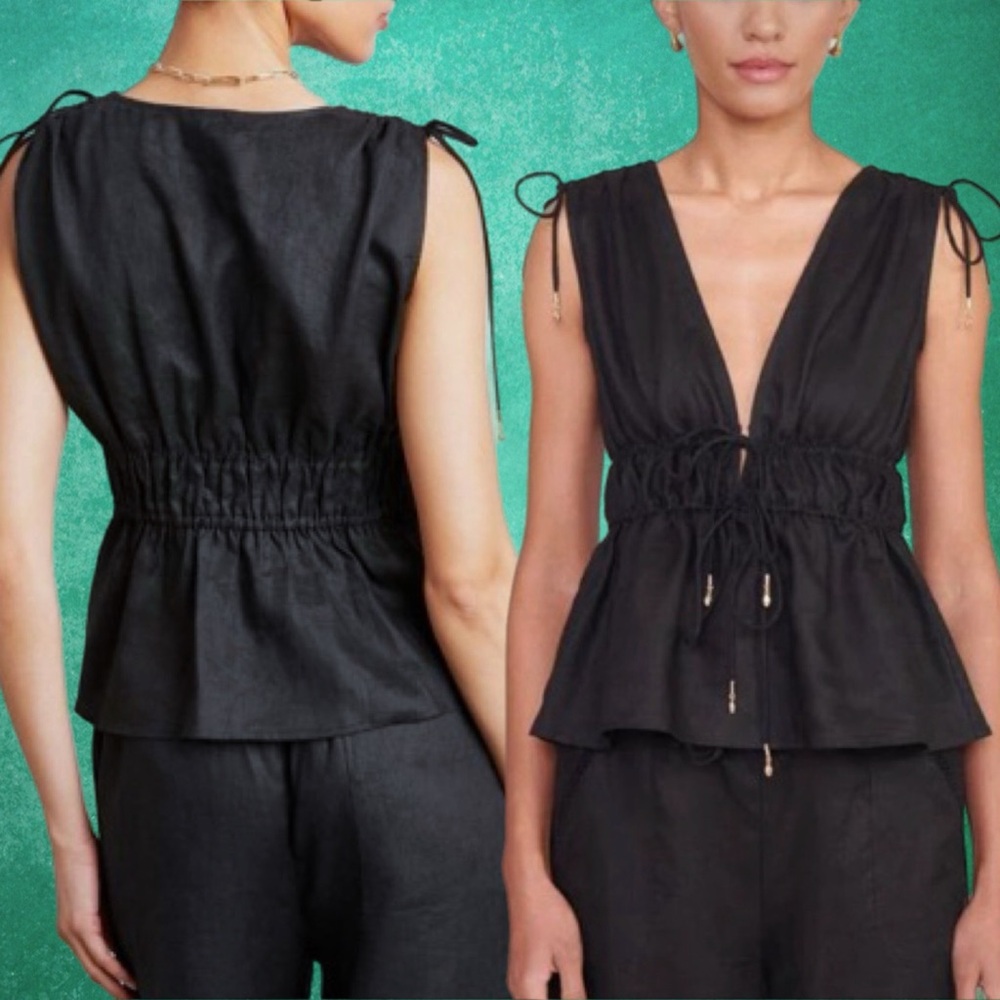 staud • black linen kendra top cinched waist tank s